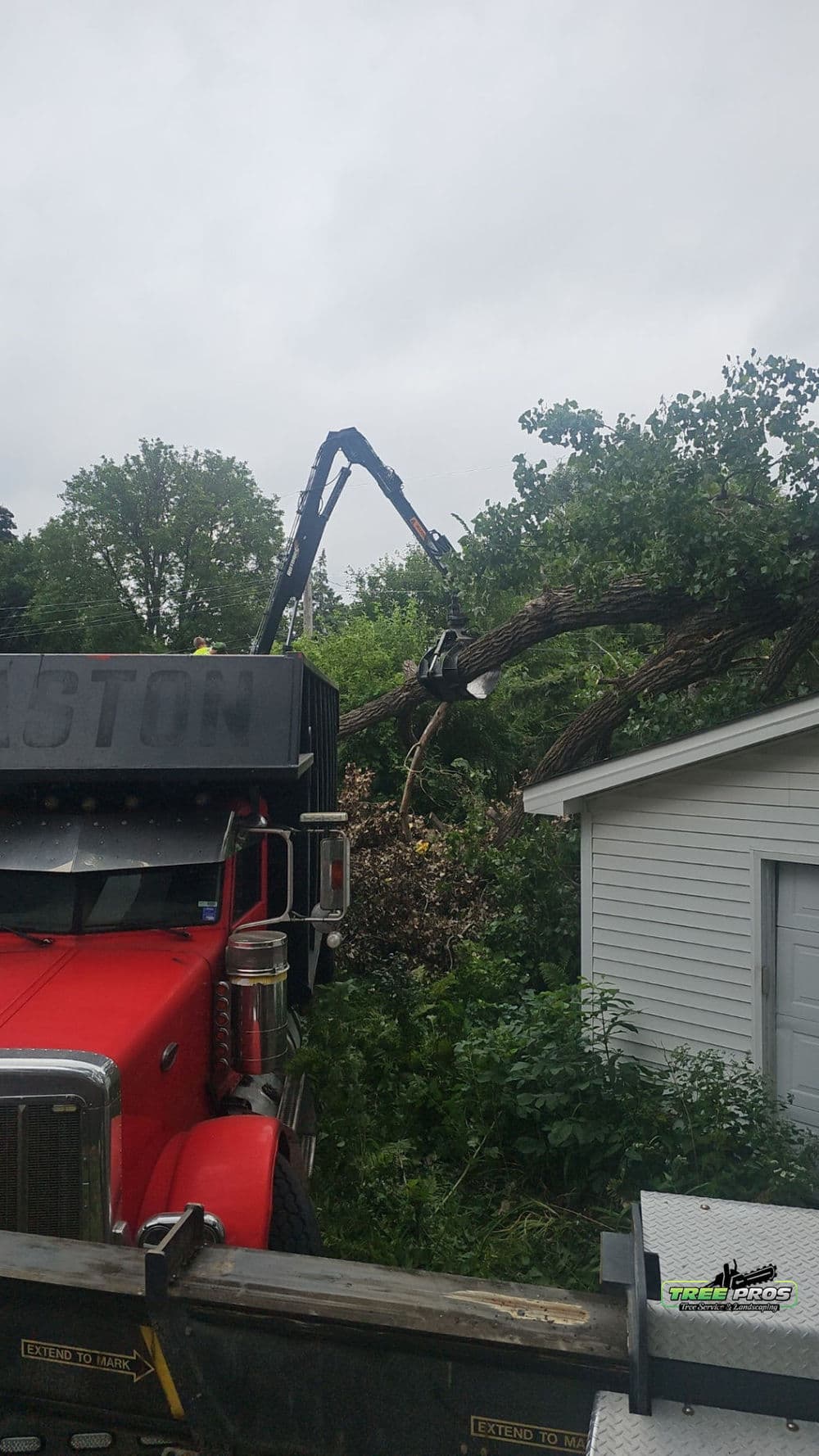 Red truck with tree removal equipment cutting a large branch near a garage. Storm debris cleanup.