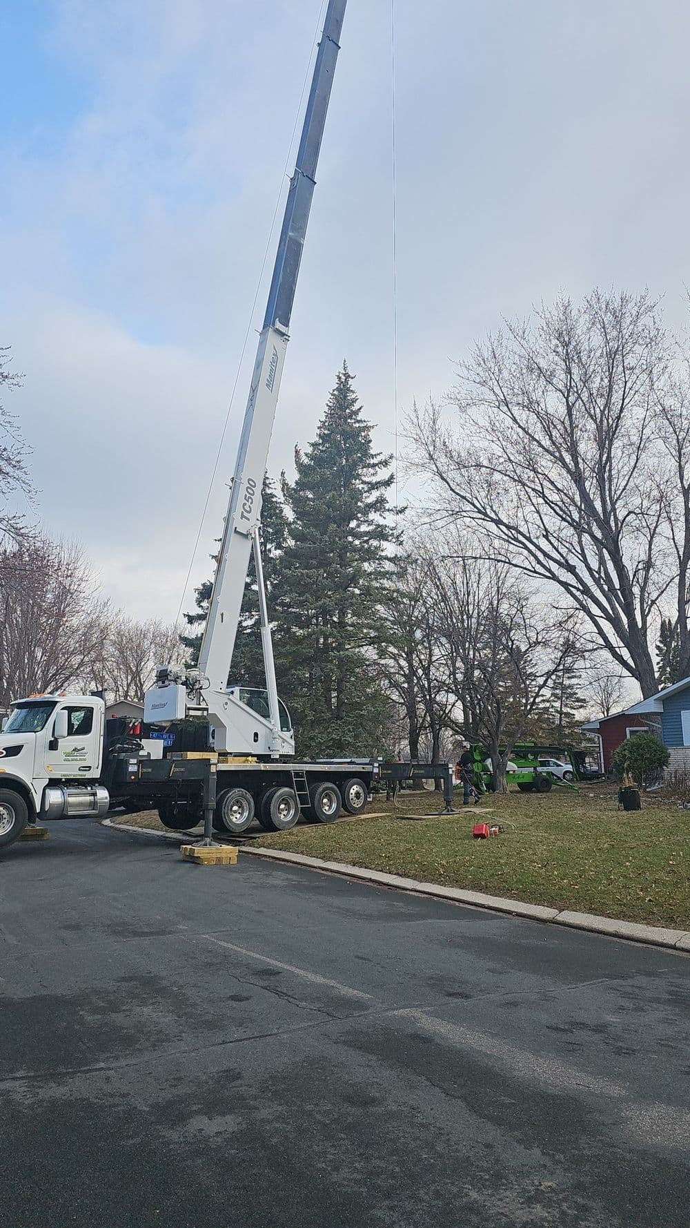 Crane lifting equipment near a large tree in a residential area under cloudy sky.